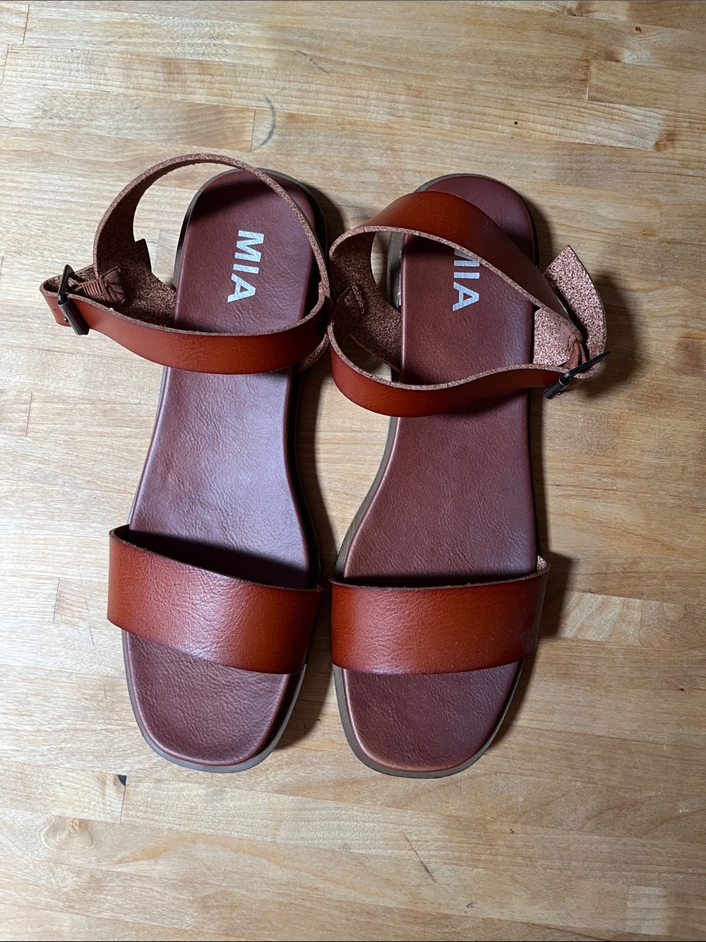 MIA Brown Leather Ankle-Strap Flat Sandals